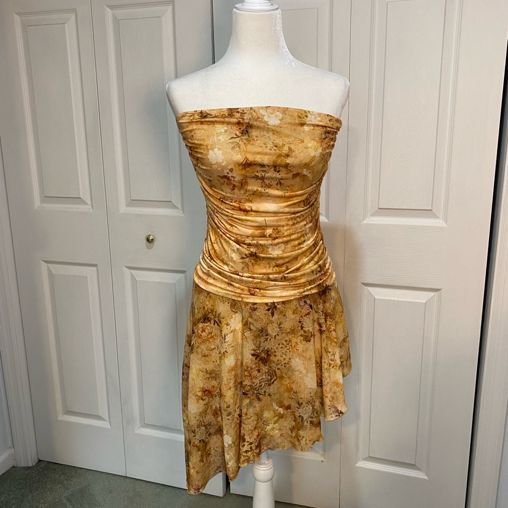 Strapless Golden Floral Ruched Mini Dress